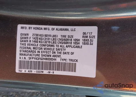 2017 Honda Ridgeline Rtl-T из США, поврежденный, VIN 5FPYK3F62HB038344